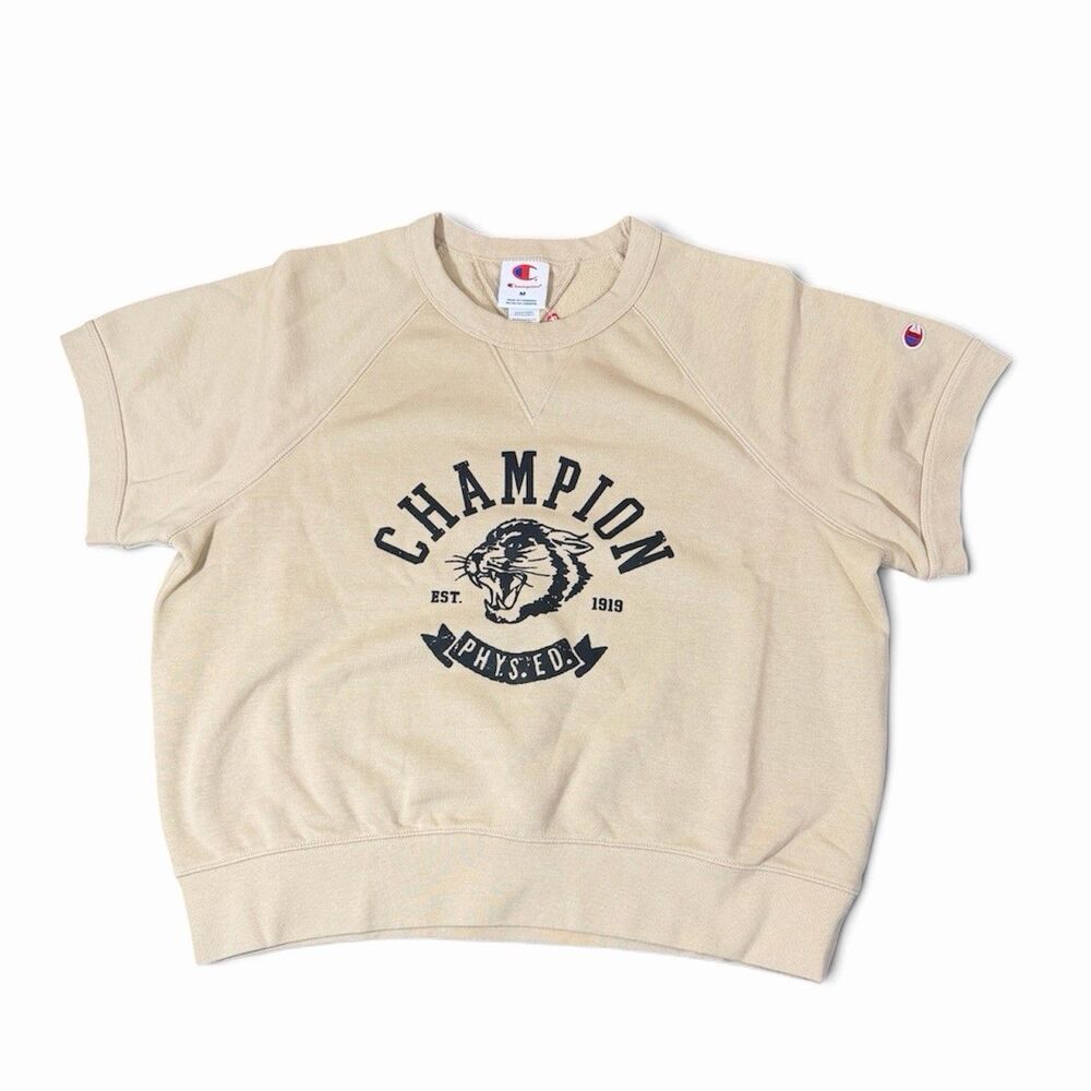Champion Short Sleeve Fleece Pullover Crop Sweatshirt Beige Women’s Medium NWT